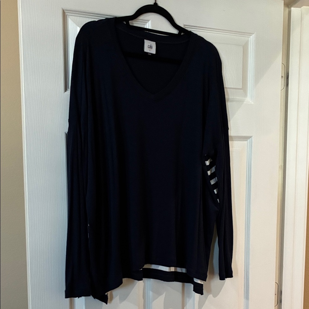 CAbi Women's Navy / White stripes V-Neck Top